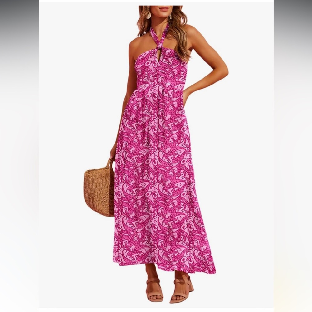 Amazon Pink Paisley Halter Maxi Summer Dress